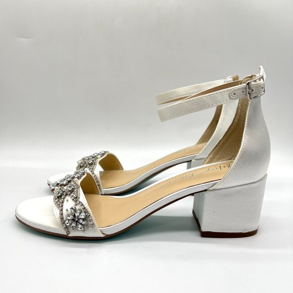Betsey Johnson Womens 8M Mel Ivory White Satin Jeweled Heels Dress Sandals Shoes - Picture 6 of 14